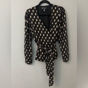 INC International Concepts Black Blouse with Gold Pattern